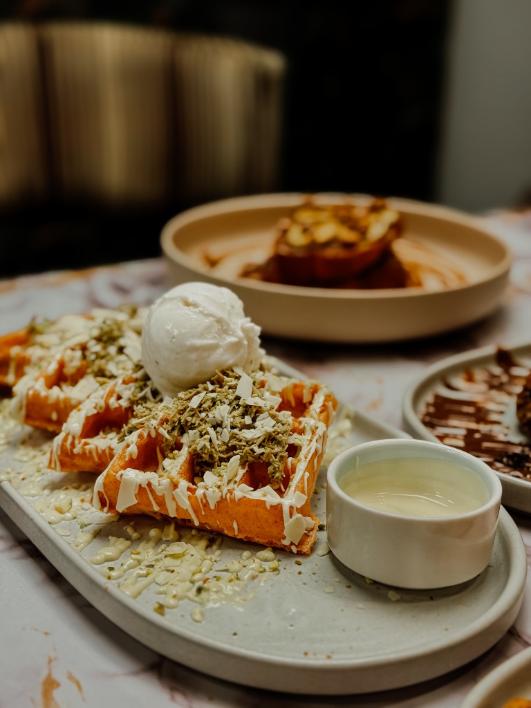 Kunafa Royale Waffle with pistachio cream, kataifi, and artisan gelato