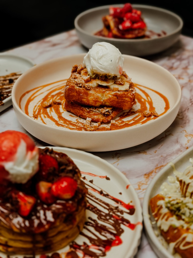 Biscoff and Banana French Toast with caramel ribbons and gelato